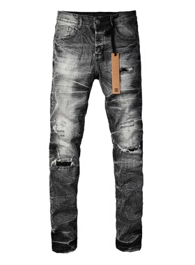 KSUBI JEANS 新款美式潮牌烟灰色做旧水洗纹破洞补丁修身牛仔裤男