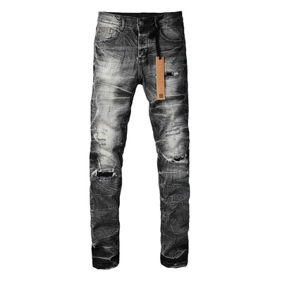 美式做旧水洗破洞补丁修身牛仔裤