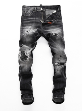 D2 JEANS欧洲站轻奢潮牌新款黑灰色磨白水膝盖破洞烫钻补丁牛仔裤