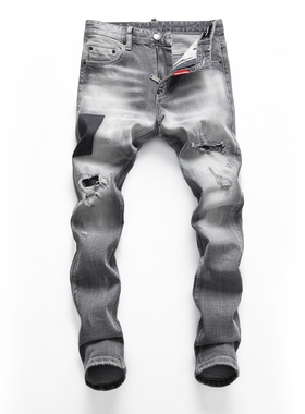 D2 JEANS欧洲站轻奢潮牌浅灰色磨白水洗破洞补丁修身小脚牛仔裤男