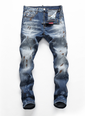 D2 JEANS欧洲站轻奢潮牌新款独特做脏效果磨白修身涂鸦泼墨牛仔裤
