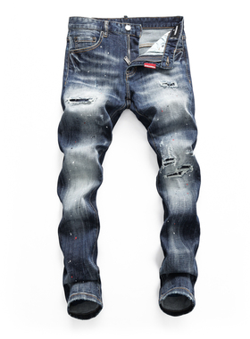 D2 JEANS欧洲站轻奢潮牌新款蓝色磨白水洗刮烂破洞补丁泼墨牛仔裤