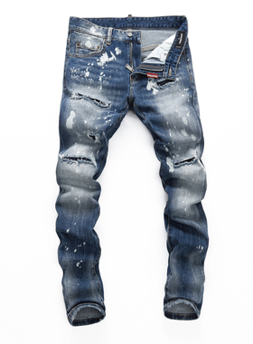 D2 JEANS欧洲站潮牌新款蓝色磨白水洗泼墨涂鸦破坏补丁修身牛仔裤