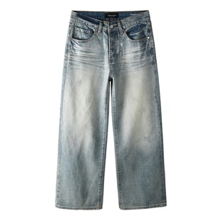 PURPLE JEANS美式潮牌浅色做旧水洗亮面涂层宽松直筒阔腿牛仔裤男