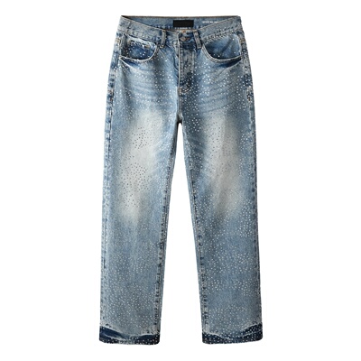 美式潮牌浅色磨白水洗烫钻牛仔裤
