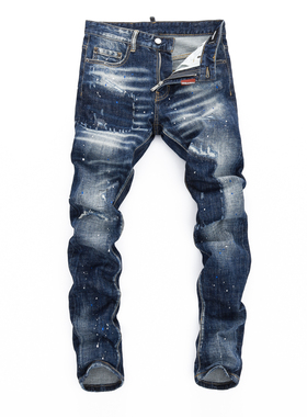 D2 JEANS欧洲站轻奢潮牌新款深蓝色磨白水洗漆点泼墨修身牛仔裤男