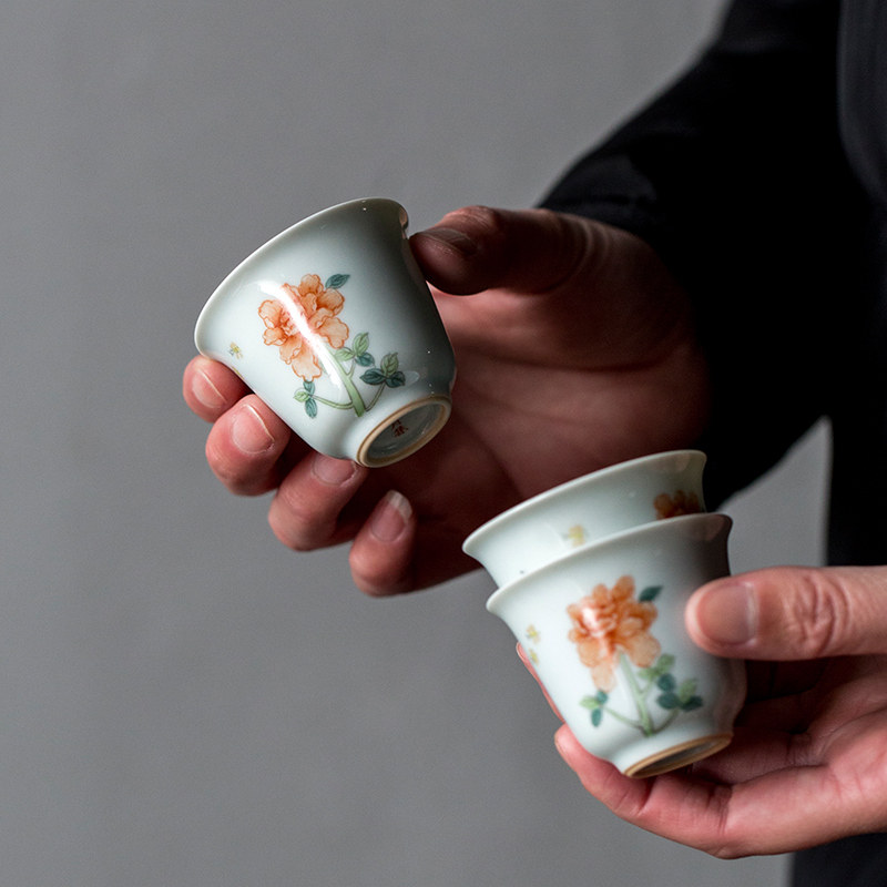 仿古胎手绘牡丹品茗杯陶瓷个人杯