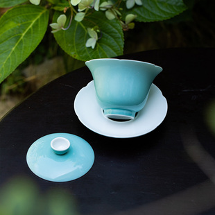 松石绿陶瓷三才盖碗茶杯套装 中式 悬停盖碗单个茶碗功夫茶具敬茶碗