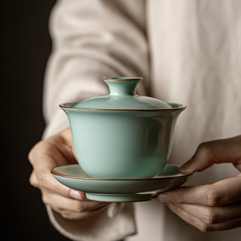天青汝窑泡茶碗陶瓷功夫茶具盖碗