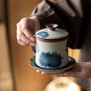 三点水汝窑办公杯茶水分离杯家用高颜值陶瓷马克杯个人专用办公杯