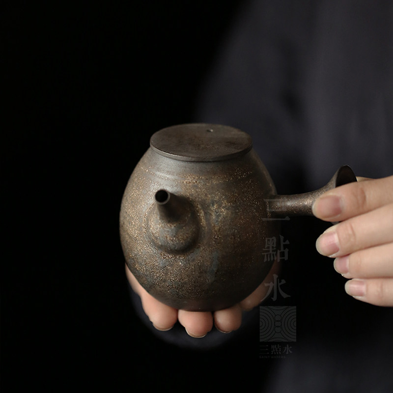 中式粗陶仿古茶壶手工铁锈釉陶壶复古鎏金侧把壶功夫茶具泡茶单壶