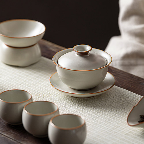 三点水汝窑三才盖碗茶杯