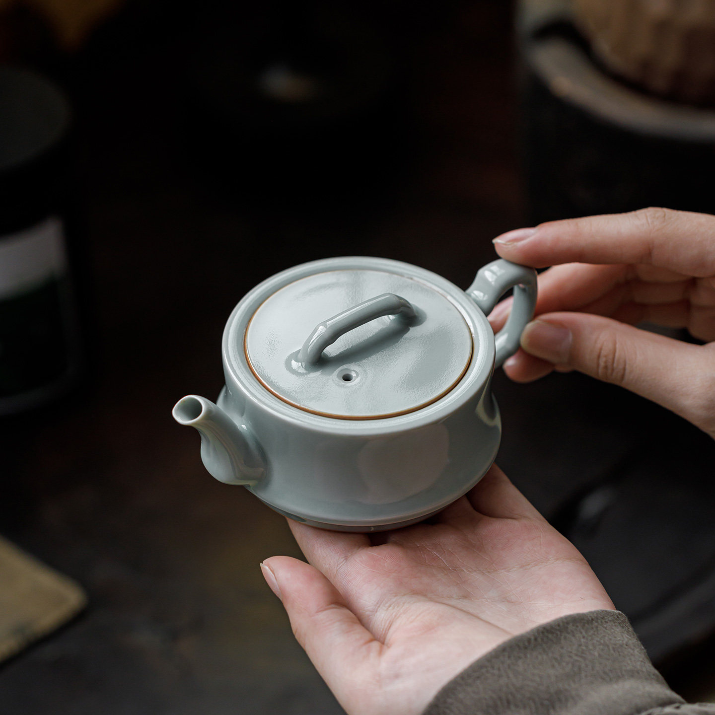 三点水不开片天青汝窑茶壶家用泡茶壶高档陶瓷茶器汝瓷茶具竹节壶