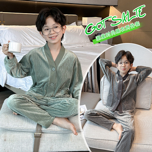 秋冬男孩2023海岛绒薄绒睡衣套装儿童中大童珊瑚绒开衫家居服外穿