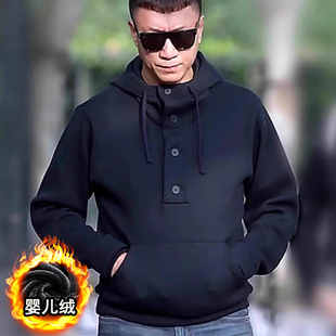 孙红雷同款黑色冬季宽松连帽卫衣男秋冬加绒加厚保暖外套男士明星