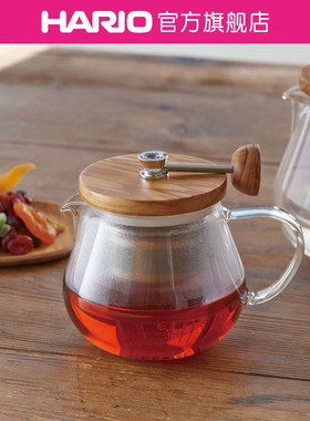 【旗舰店】HARIO家用耐热玻璃带过滤网泡茶壶 橄榄木盖花茶壶TEO