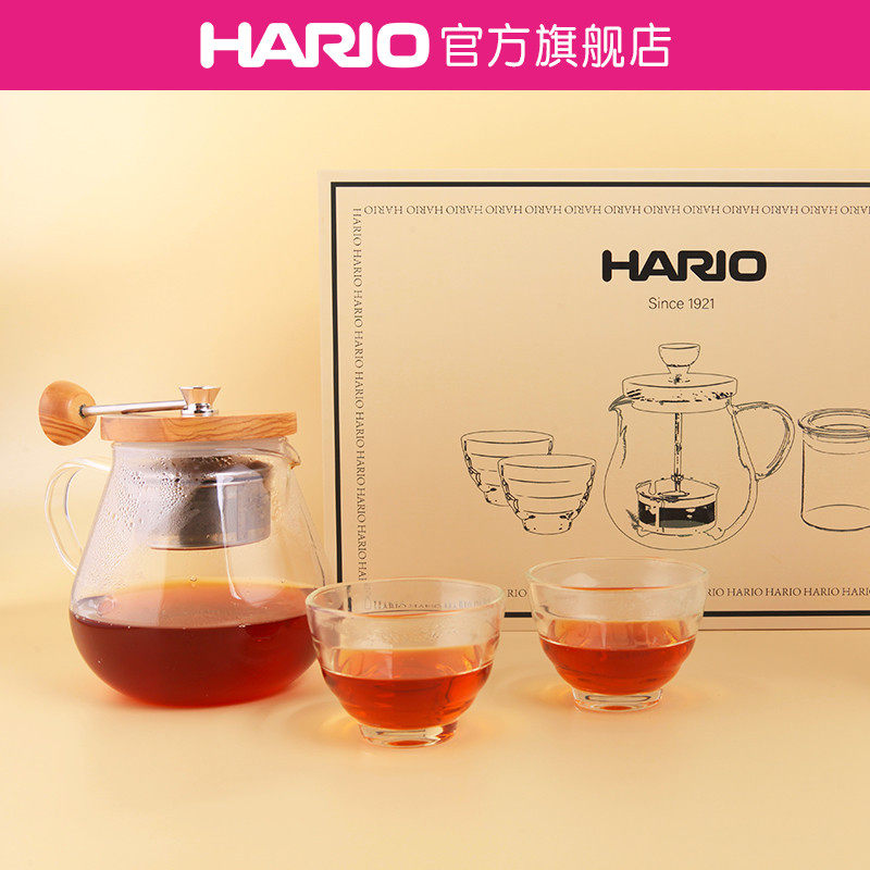 【旗舰店】HARIO茶具茶礼盒橄榄木盖壶茶杯两个装玻璃杯泡茶壶