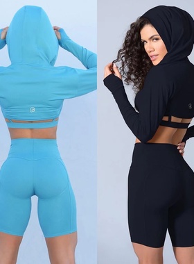 蜜见家 bombshell纯色运动健身透气瑜伽长袖连帽性感披肩卫衣短款