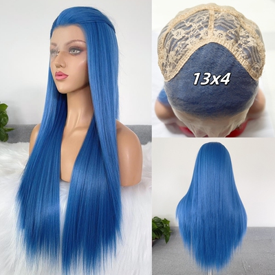 蓝色高温丝长直发手钩前蕾丝cos