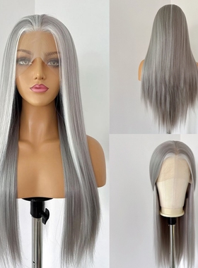 灰白挑染Straight前蕾丝手钩银灰色自由分长直发高温丝假发套COS