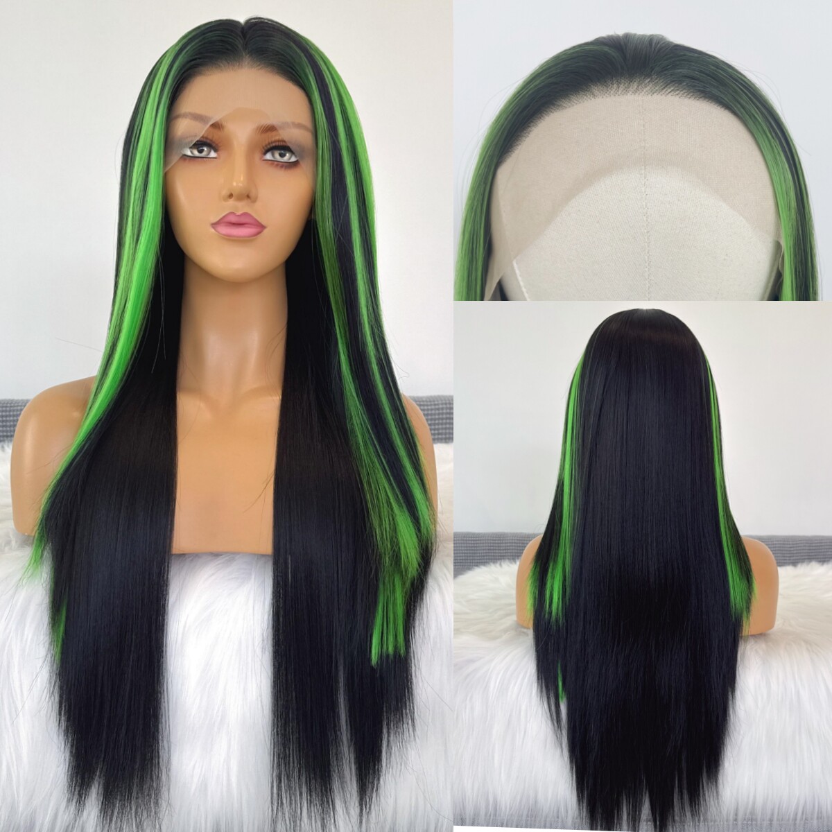 炫酷 黑绿色挑染长直发假发全头套女13x4手钩蕾丝高温丝化纤假发