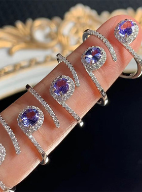 女款天然坦桑石戒指925银百搭