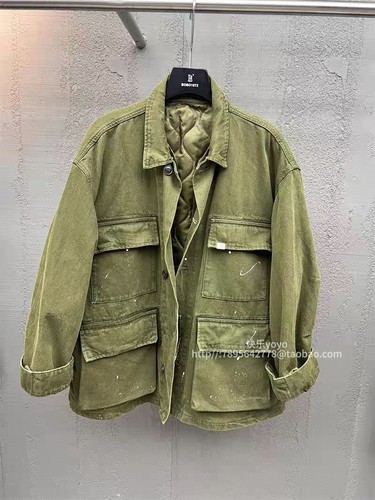 欧货bobo1972秋冬内胆棉可卸多口袋工装风衣中性翻绿夹克外套