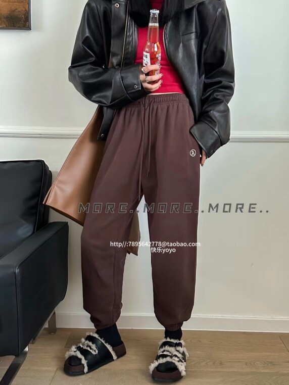 欧货MORE冬季新款加绒休闲运动裤女简约束脚高腰韩版百搭长裤