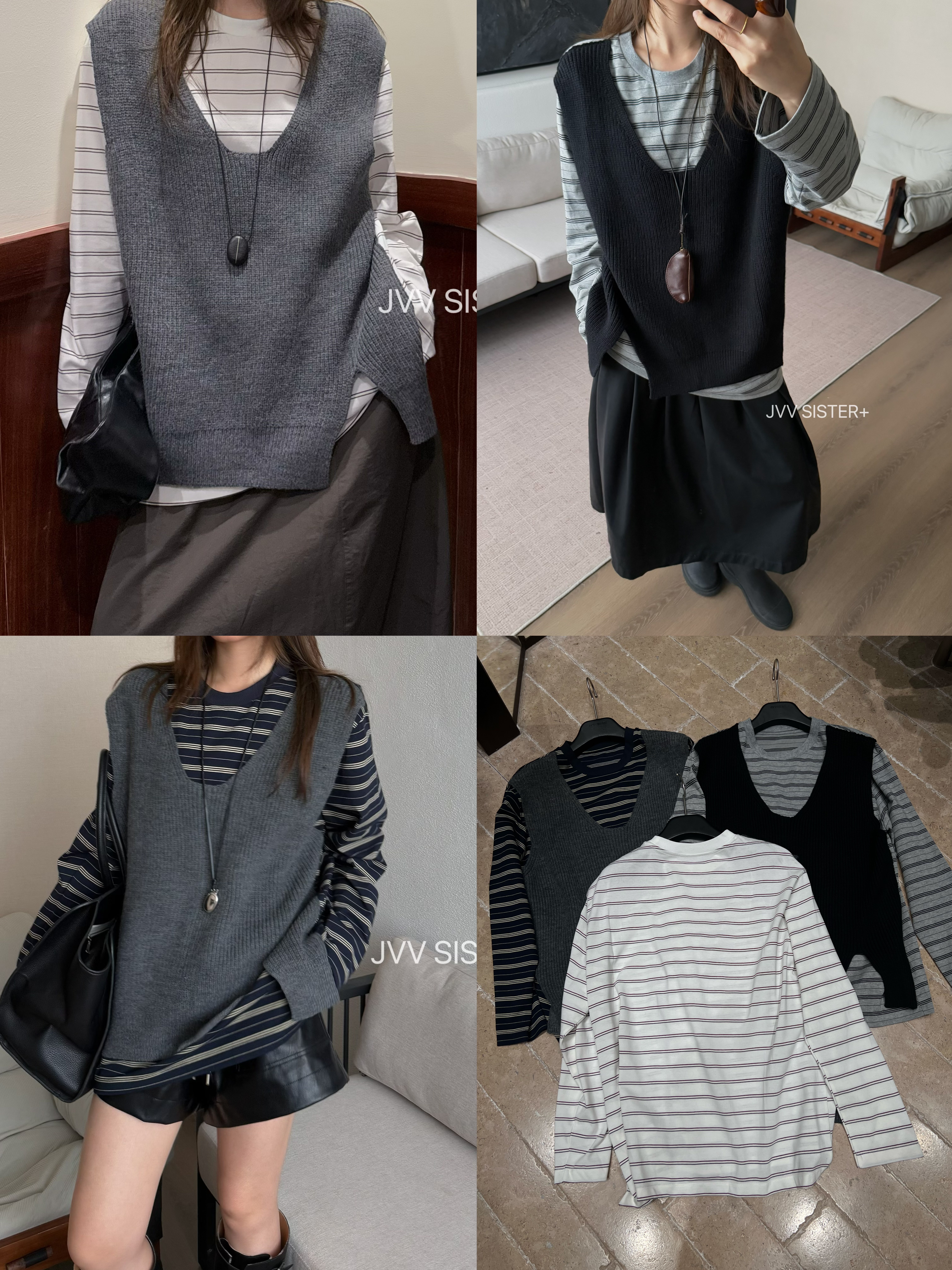 JVV时尚百搭宽松休闲圆领条纹T恤女假两件2026秋冬新款上衣71503