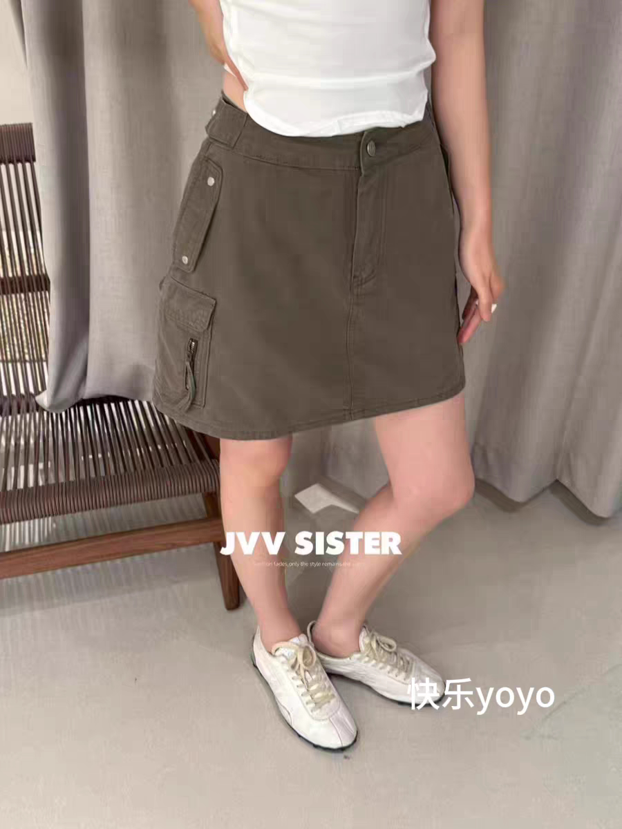 JVVSISTER夏季工装休闲半身裙短裙洗水做旧复古裙显瘦腿长高腰裙
