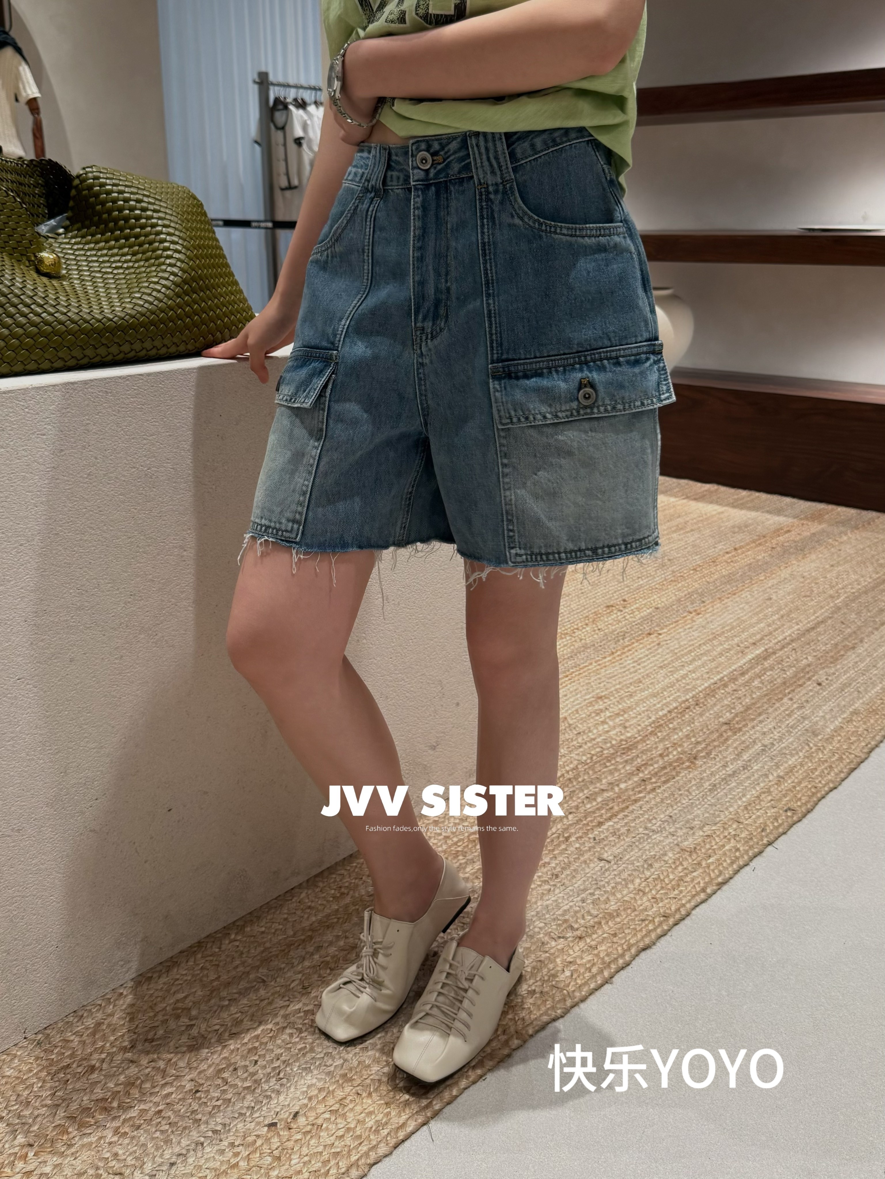 JVVSISTER大牌同款做旧工装牛仔做旧短裤女休闲宽松a字阔腿中裤子