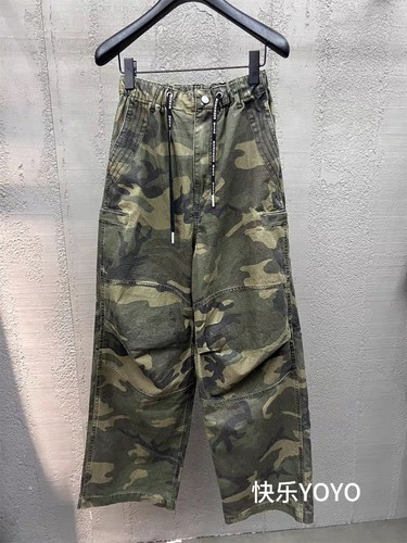 欧货bobo1972新款家美式高街工装阔腿迷彩牛仔裤高腰显瘦宽松裤子