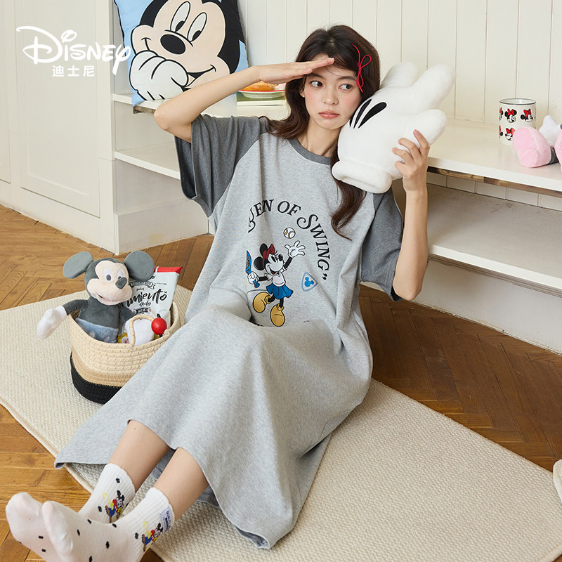 Disney迪士尼春夏新款纯棉短袖睡裙卡通可爱带胸垫舒适家居服0263