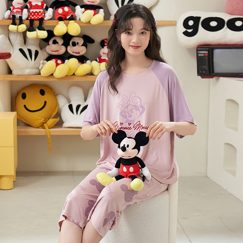 Disney/迪士尼套头短袖七分裤睡衣带胸垫凉感冰丝舒适家居服0055