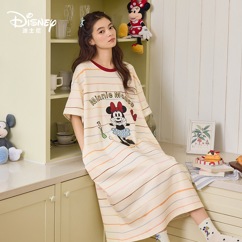 Disney迪士尼春夏新款纯棉短袖中长款睡裙透气印花甜美家居服0288