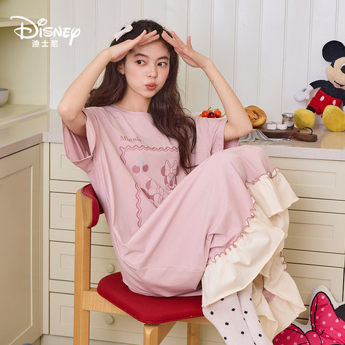 Disney迪士尼春夏新款短袖中长款睡裙纯棉透气印花甜美家居服0299