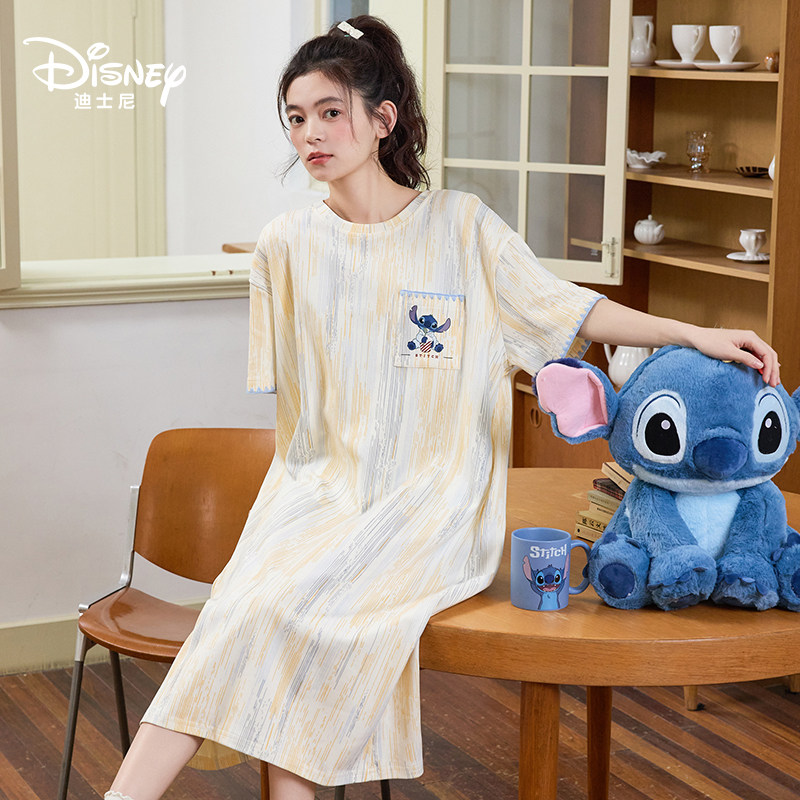 Disney迪士尼春夏新款短袖睡裙中长款纯棉透气印花甜美家居服0280