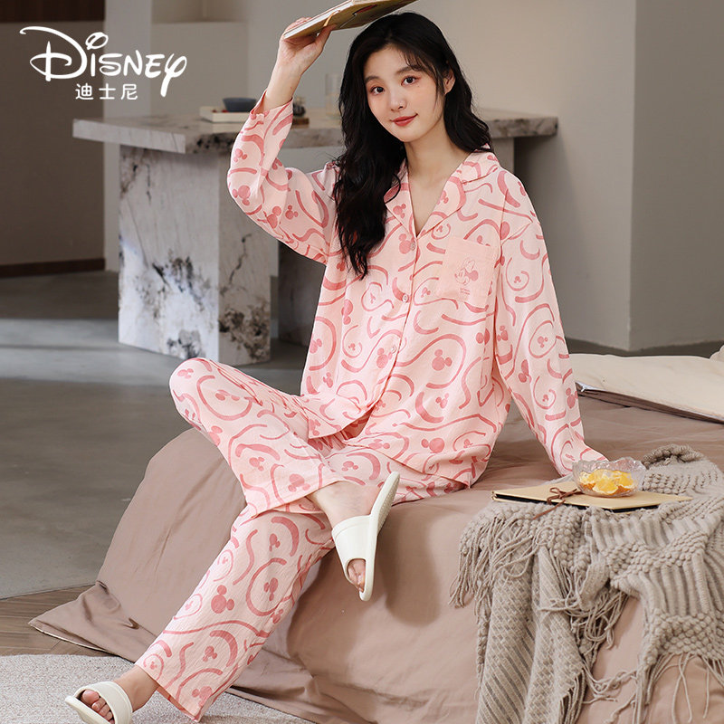 Disney/迪士尼开衫情侣睡衣米奇云朵棉绸舒适家居服套装0087女款
