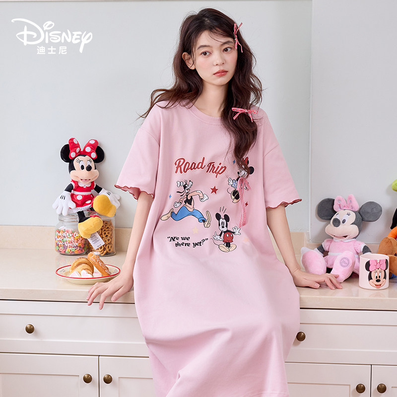 Disney迪士尼春夏透气长款纯棉短袖带胸垫睡裙卡通甜美家居服0264