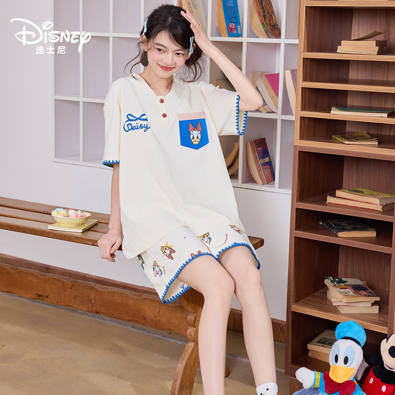 Disney/迪士尼夏季纯棉短袖短裤带胸垫卡通印花大码家居服0313