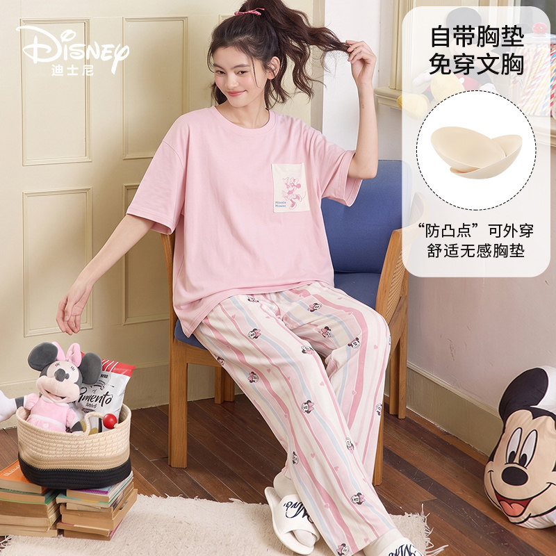 Disney迪士尼夏季新款套头短袖短裤纯棉带胸垫卡通舒适家居服0517