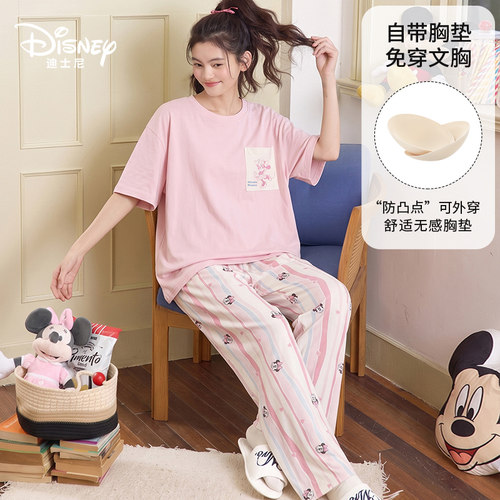Disney迪士尼夏季新款套头短袖短裤纯棉带胸垫卡通舒适家居服0517
