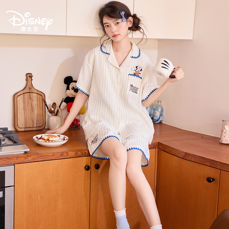 Disney/迪士尼夏季三件套短袖短裤长裤带胸垫条纹简约家居服0308