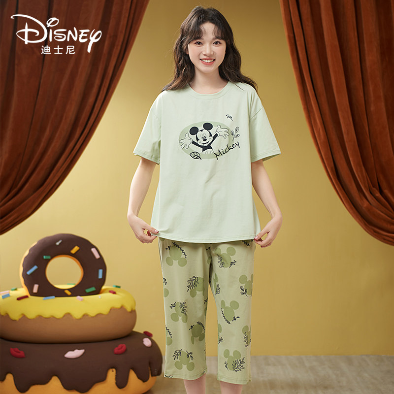 Disney/迪士尼夏季新款套头短袖七分裤睡衣带胸垫休闲家居服0028