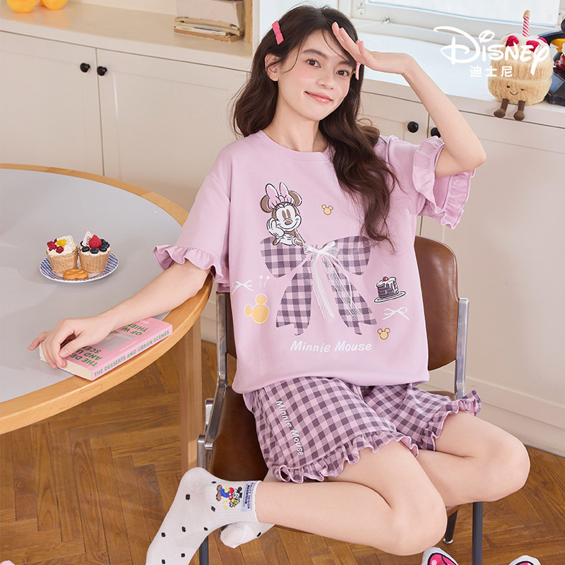 Disney/迪士尼新款纯棉女短袖短裤带胸垫卡通大码舒适家居服0333