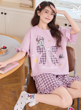 Disney/迪士尼新款纯棉女短袖短裤带胸垫卡通大码舒适家居服0333