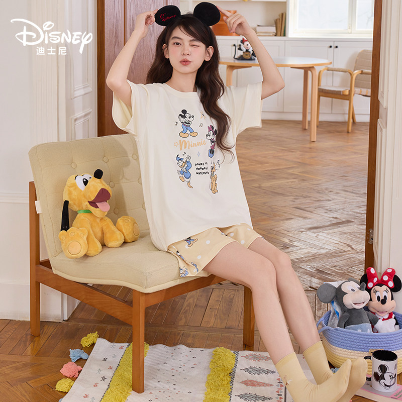 Disney迪士尼夏季新款纯棉短袖短裤带胸垫卡通动漫舒适家居服0310