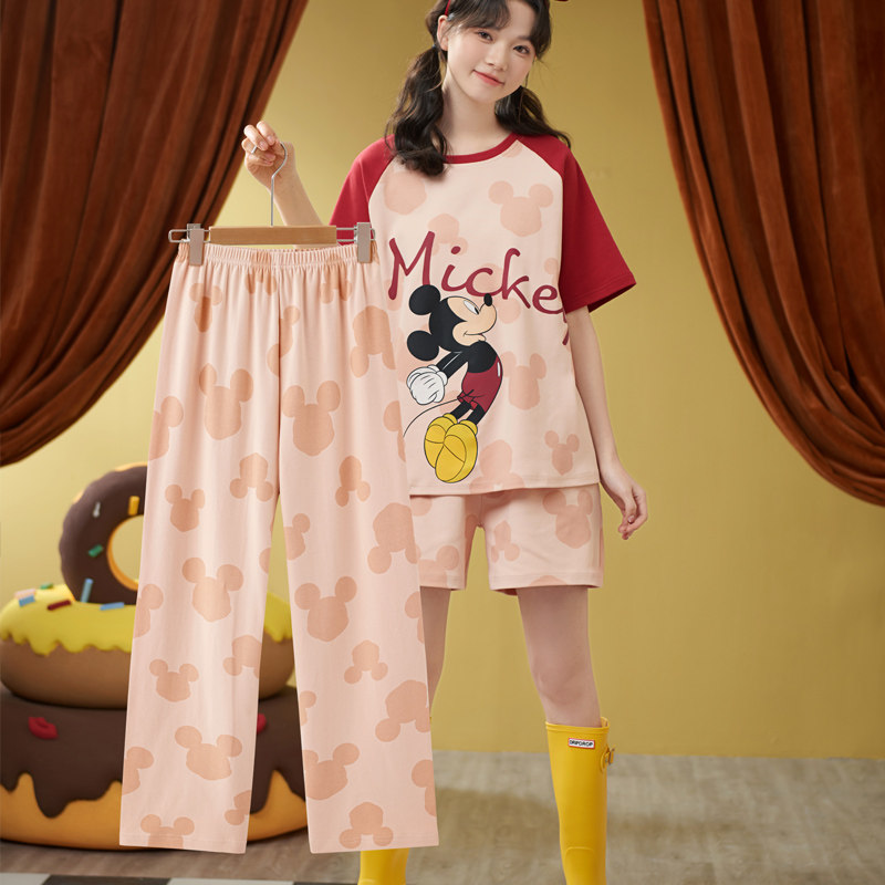 Disney/迪士尼三件套套头带胸垫短袖短裤长裤纯棉睡衣家居服0114