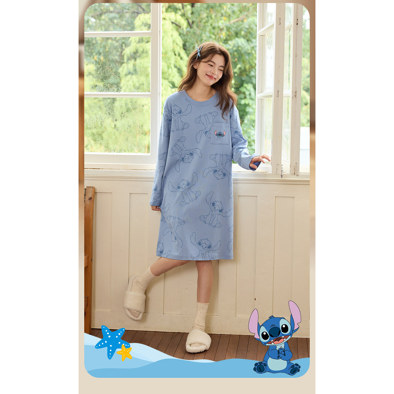 Disney/迪士尼秋季长袖睡裙女带胸垫卡通动漫大码外穿家居服0160