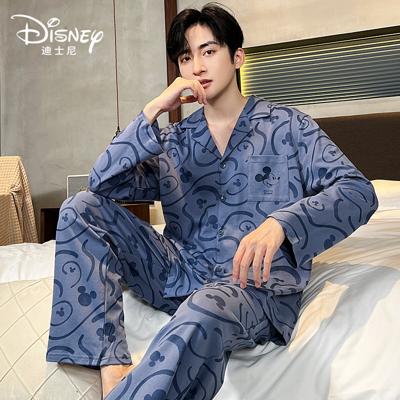 Disney/迪士尼开衫情侣睡衣纯棉米奇舒适休闲家居服套装0087男款
